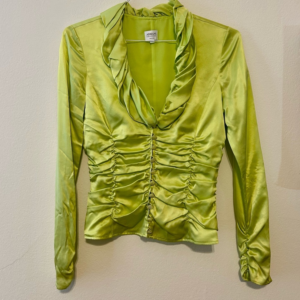 Armani satin ruffle blouse - vintage Y2K brat green chartreuse